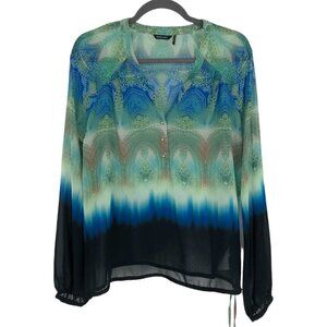 NWT Marciano paisley patterned green blue ombre long sleeve button neck top S